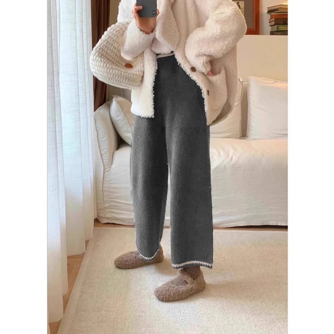 今年流行！针织裤灰色裤子女2025新款秋冬九分阔腿裤奶奶裤毛线裤
