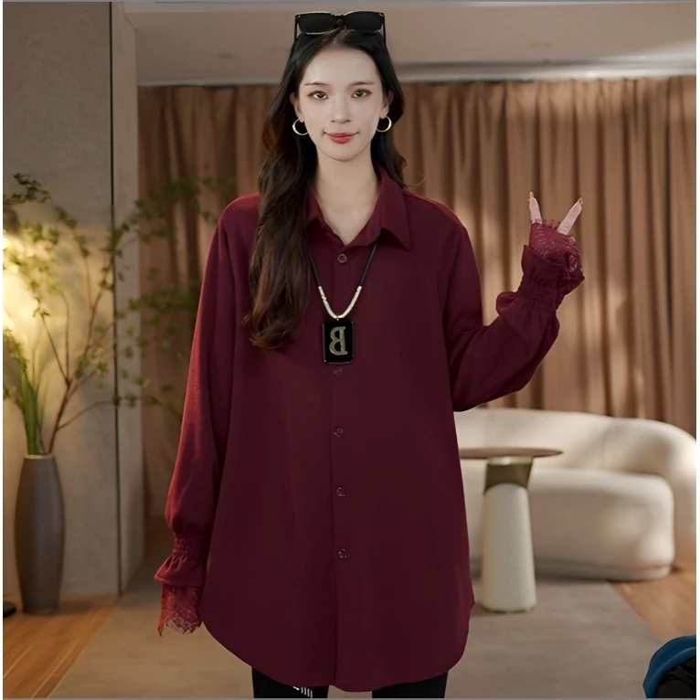 【加绒现货】秋冬季加绒加厚衬衫宽松拼接蕾丝袖子上衣241052