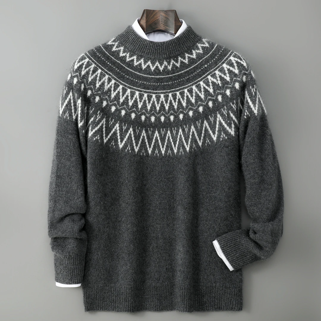 【青少年】冬季100%纯羊毛衫半高领加厚拼色毛衣宽松休闲针织打底