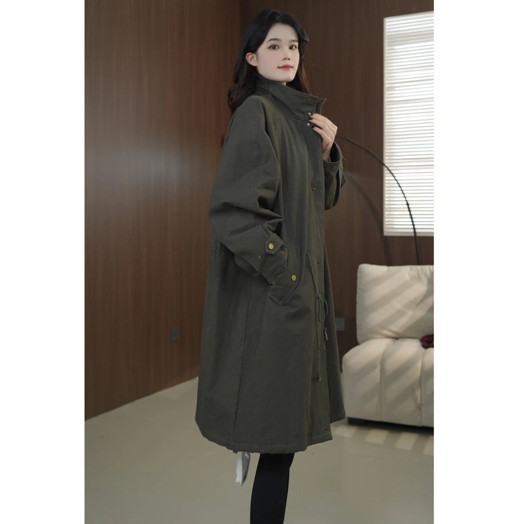硕哥复古休闲通勤夹棉外套抽绳调节收腰设计长款棉服 24068