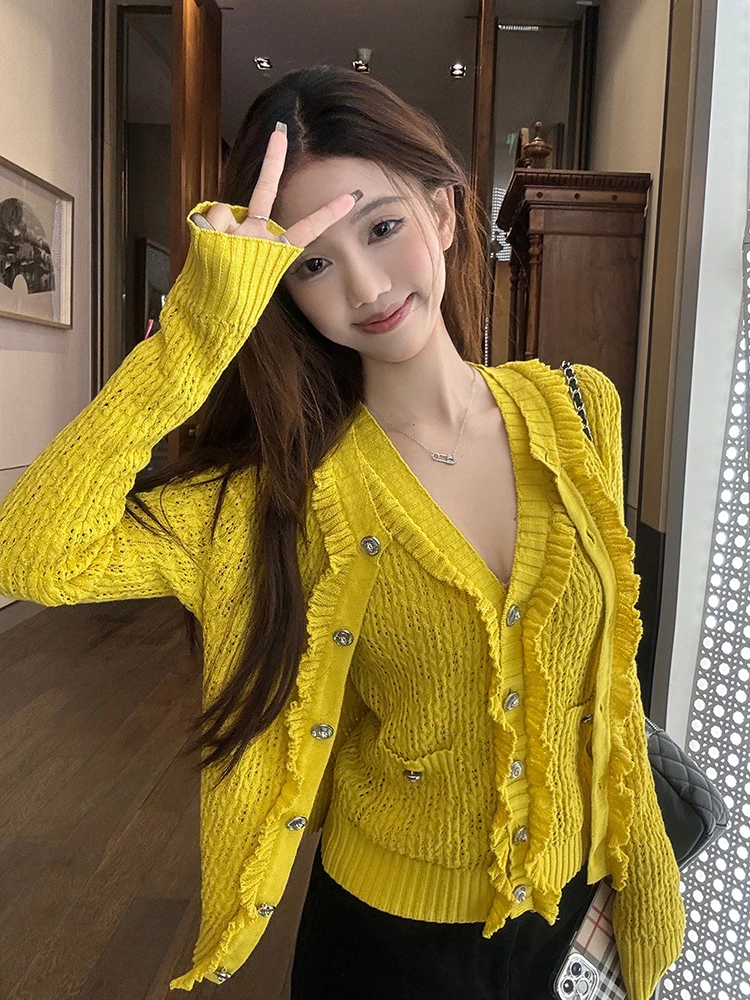 网红洋气早春甜柠檬 Jennie同款招财黄针织马甲+开衫显白上衣套装
