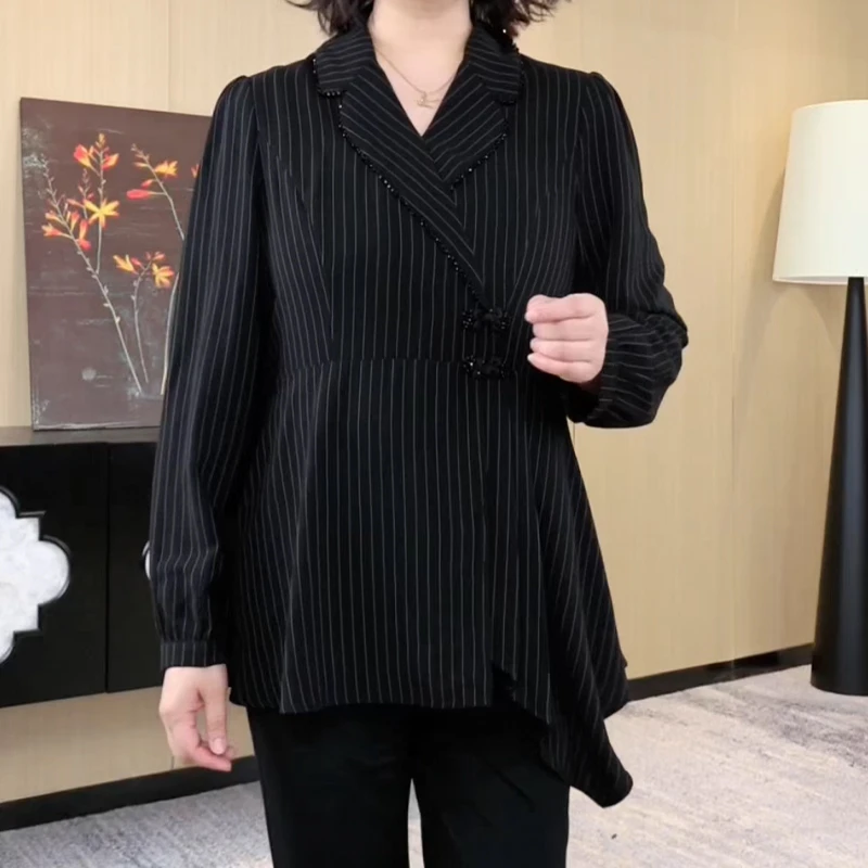 苏迷女装高级气质时尚感大气显瘦宽松百搭遮肉条纹衬衫ZB6260