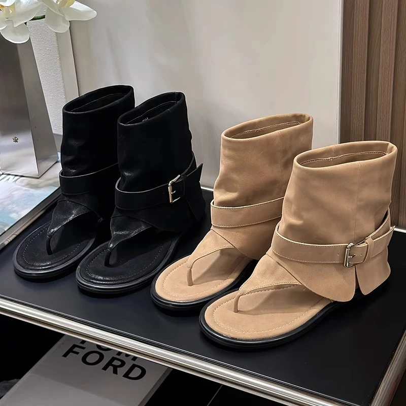 时尚夹趾凉靴套筒靴2025年夏季新款厚底时尚圆头个性人字罗马凉鞋