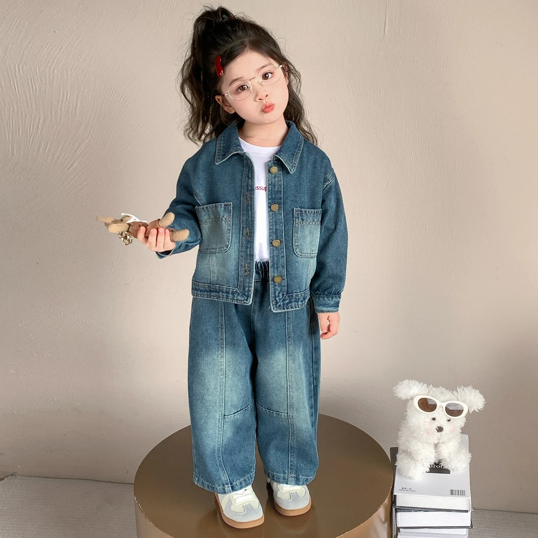 小女孩春秋装洋气女童牛仔套装时髦女宝宝外套韩版两件套小童时尚