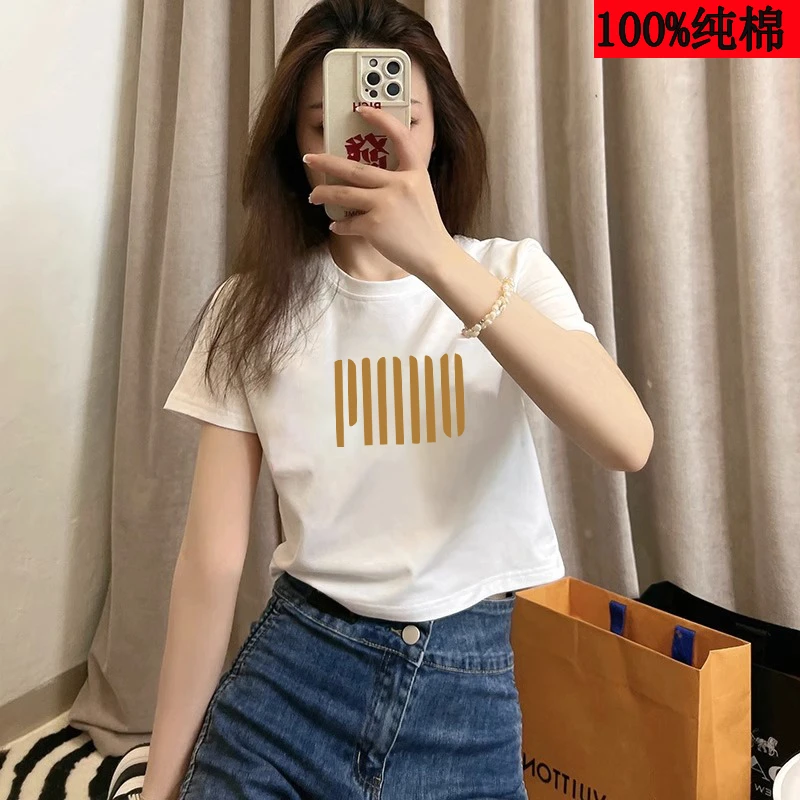 100%纯棉正肩t恤女短袖夏季洋气衣服百搭短款独特高腰甜辣上衣潮