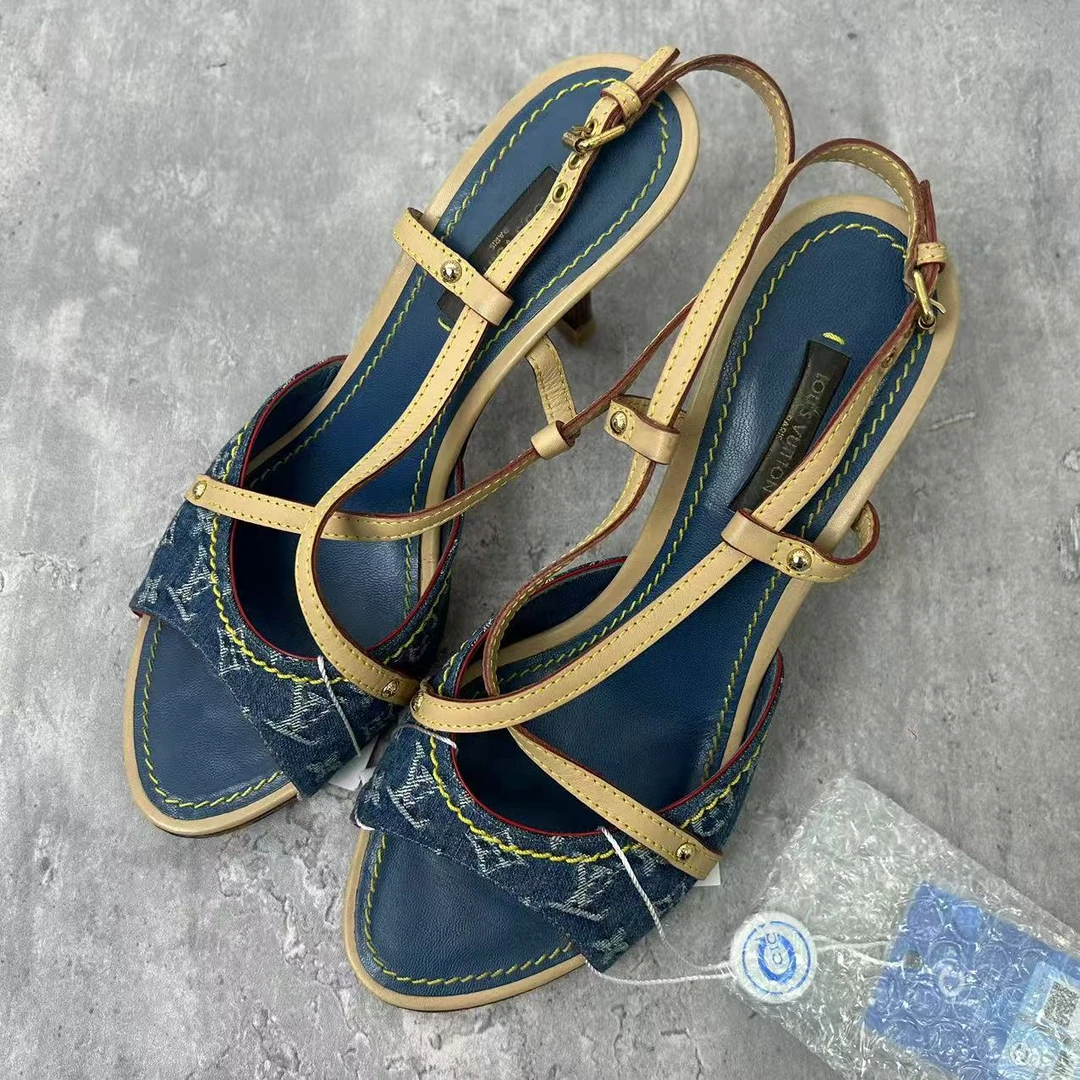 95新 LouisVuitton/路易威登 37码/蓝牛仔一字带高跟凉鞋 xxs1214