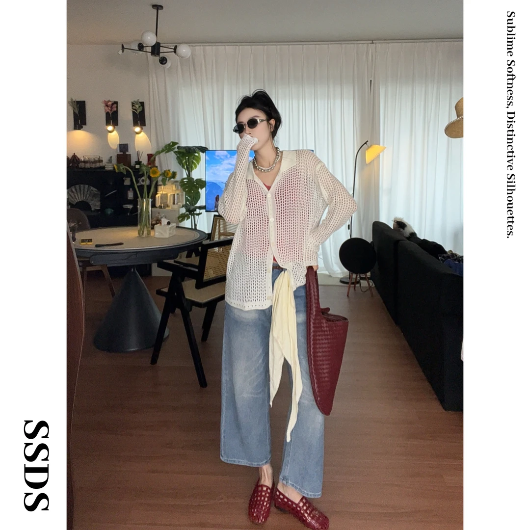 SSDS法式亚麻镂空针织开衫女早秋薄款外套宽松百搭长袖罩衫上衣