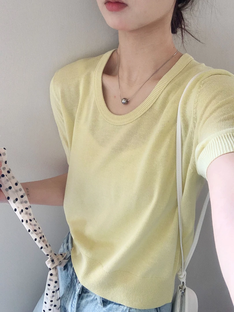 【DUODUO  829936】夏季新款轻奢女薄款短袖设计款亚麻莱赛尔针织衫