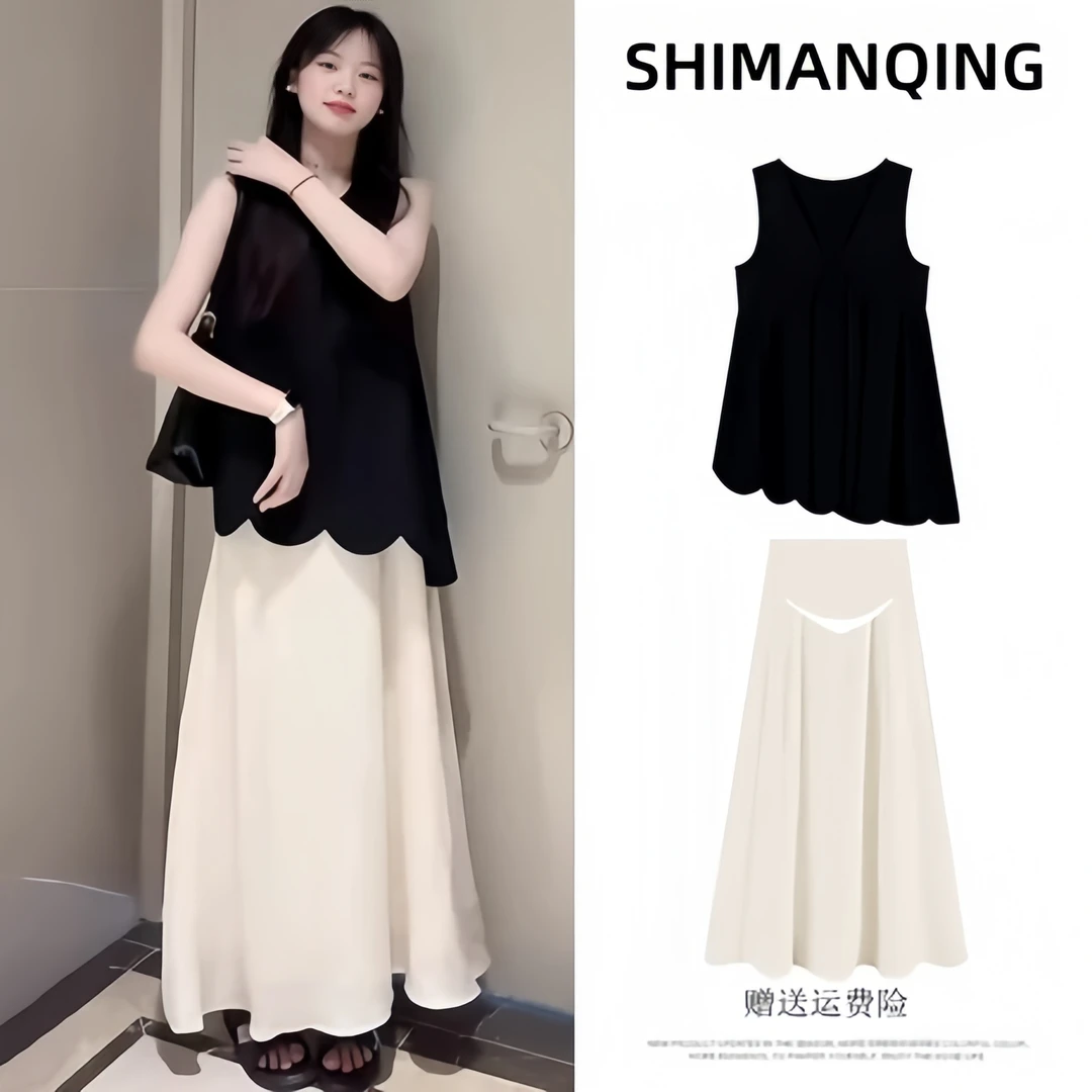 孕妇装2025夏新时尚极简风少女风洋气复古法式无袖背心孕妇套装裙
