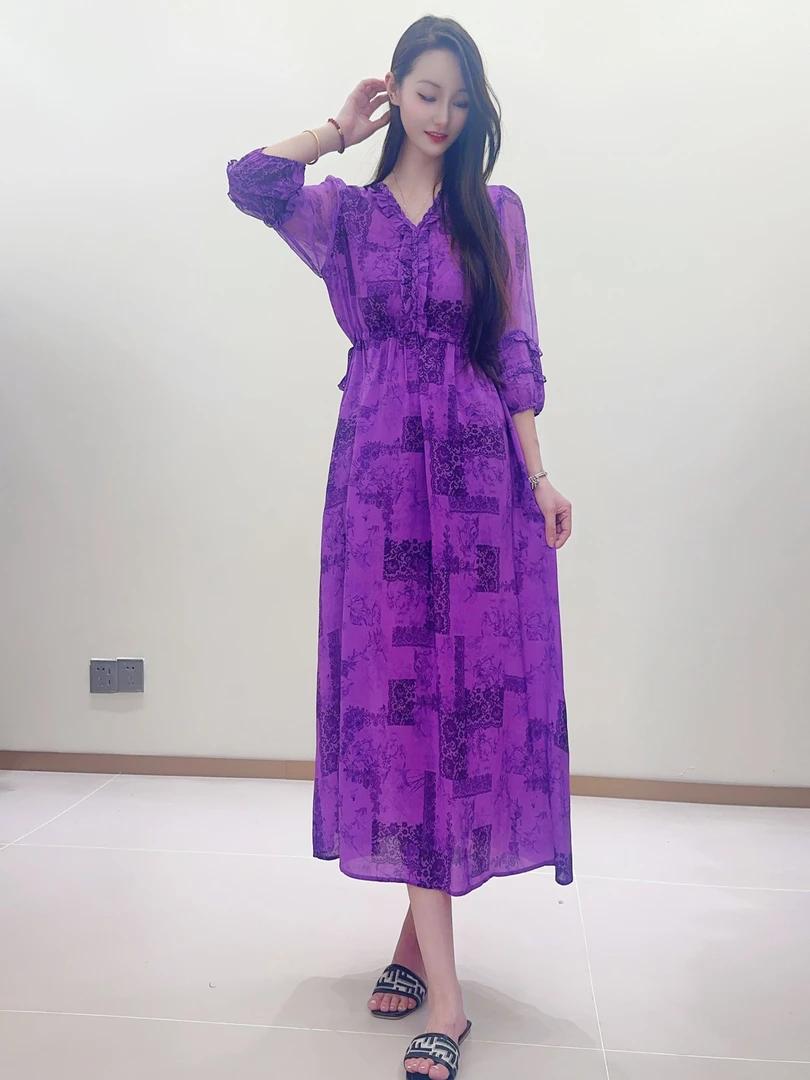 【2588花间云林】新款时尚显瘦印花桑蚕丝气质修身连衣裙118公分