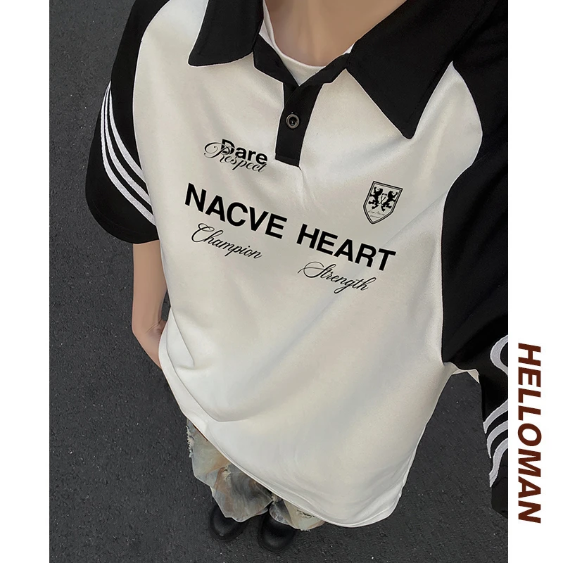 现货美式复古黑白拼接衫短袖男插肩袖恤白时尚