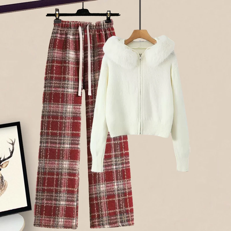 秋冬复古甜妹风穿搭一整套毛领拉链针织开衫高腰毛呢格子裤两件套