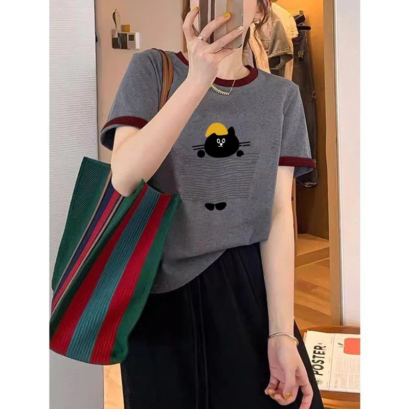 小众不撞款正肩拼色短袖t恤女2025夏季新款时尚百搭减龄显瘦上衣