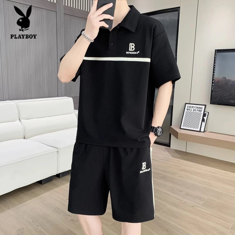 PLAYBOY/花花公子男士帅气宽松POLO衫短袖短裤运动休闲套装夏T恤