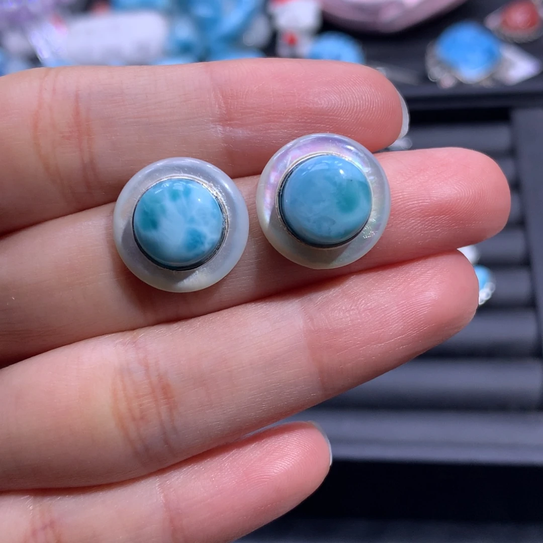 针钠钙石（海纹石）银S925镶嵌耳钉蛋面耳钉色差略异