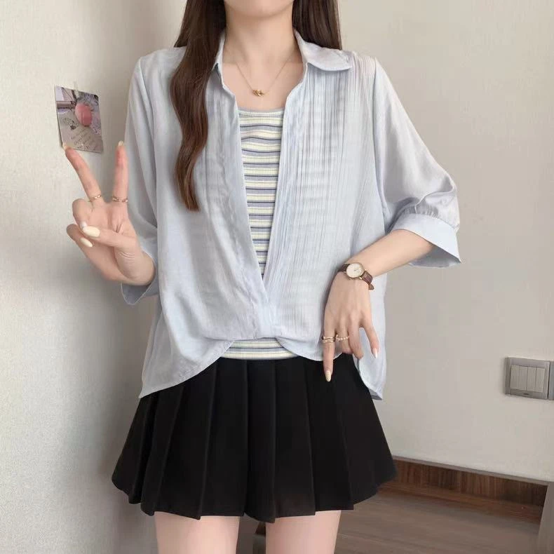 polo领衬衫大码女装胖mm夏季新款百搭显瘦时尚条纹通勤休闲设计感