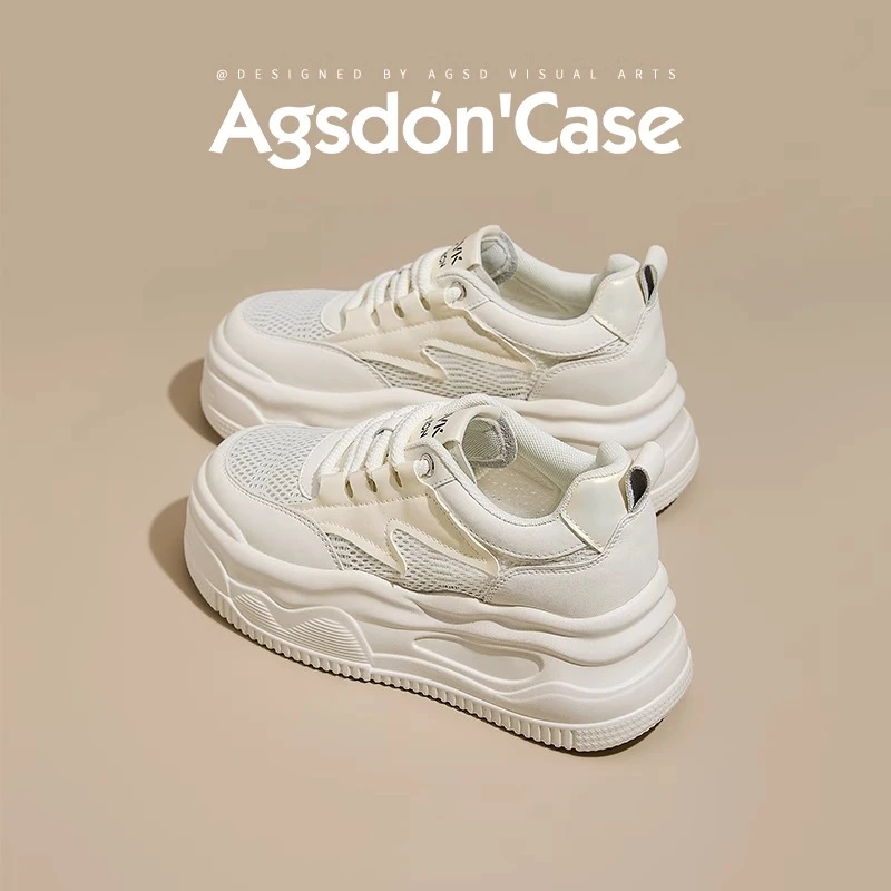 奥古狮登厚底小白鞋女2025新款夏季透气女鞋增高网面百搭运动板鞋