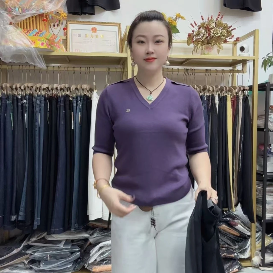 V领宽松型T恤透气轻熟风高品质潮流中袖打底衫6336