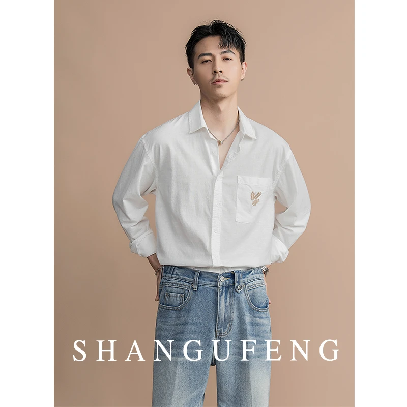 SHANGUFENG早秋时尚刺绣棉亚麻长袖衬衫男士通勤百搭休闲衬衣上衣