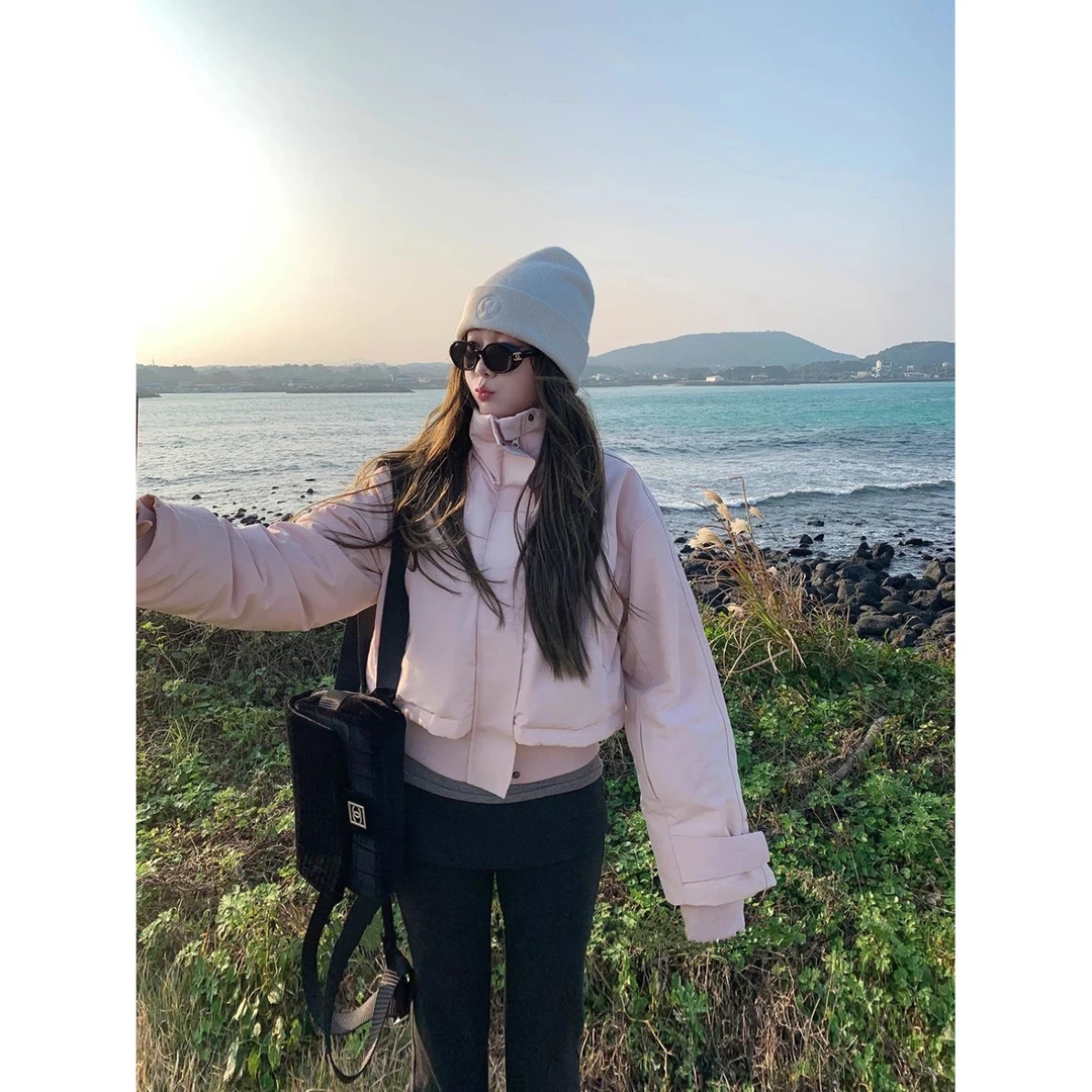 短款滑雪外套保暖粉色秋冬女士小棉服新款时尚保暖立领棉衣潮韩版