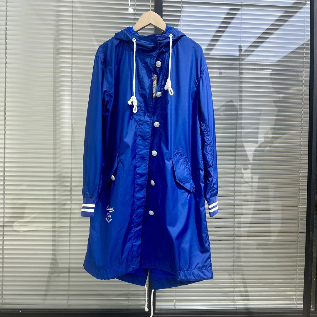 A296休闲连帽中长款蓝色外套