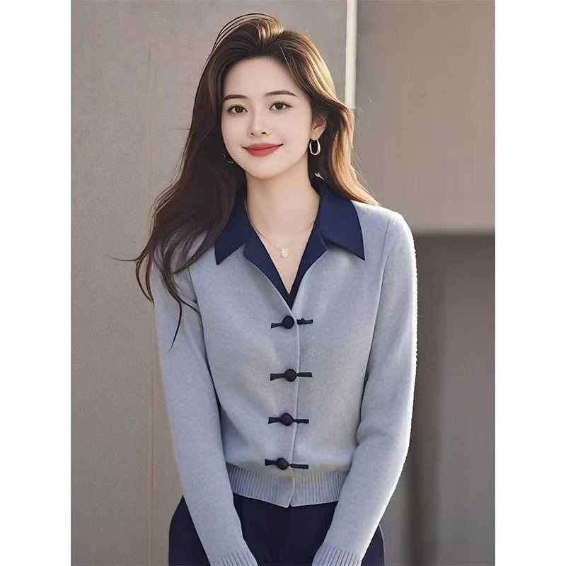 2025年春季高级感国风复古毛衣盘扣长袖上衣女洋气翻领针织开衫潮