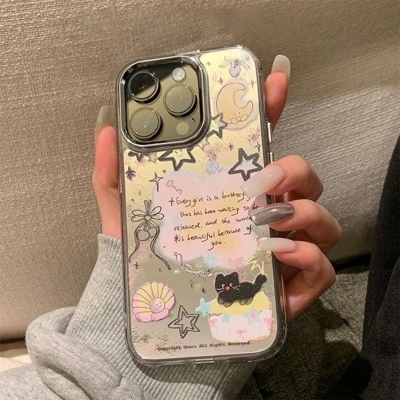 韩系英文星星适用苹果16promax手机壳13镜面苹果15新14电镀11女12