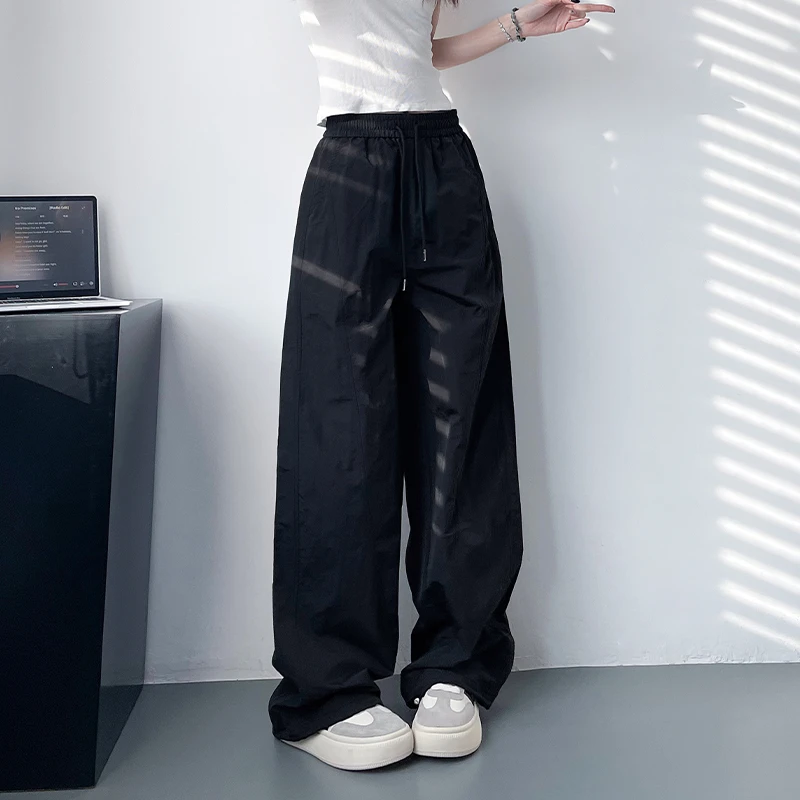 黑色薄款微褶皱速干阔腿裤女夏日大码登山胖mm高腰显瘦休闲裤