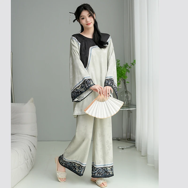 【玲姐】国风花卉后妈宽松圆领长袖长裤睡衣民族风印花女士家居服