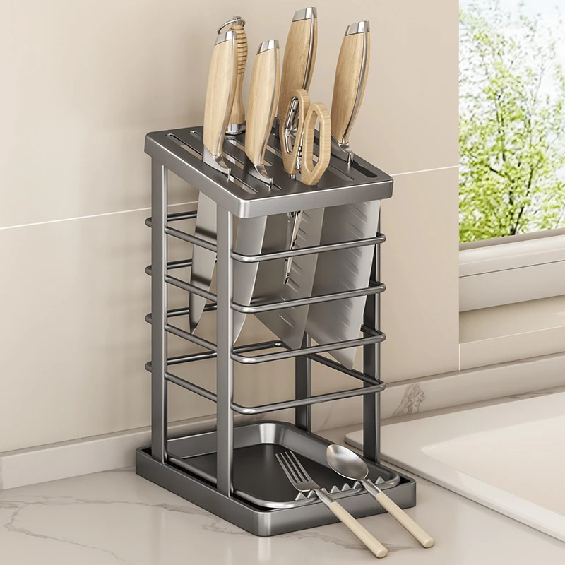 不锈钢刀架家用厨房台面菜刀刀具置物架带沥水盘收纳刀座多功能YX