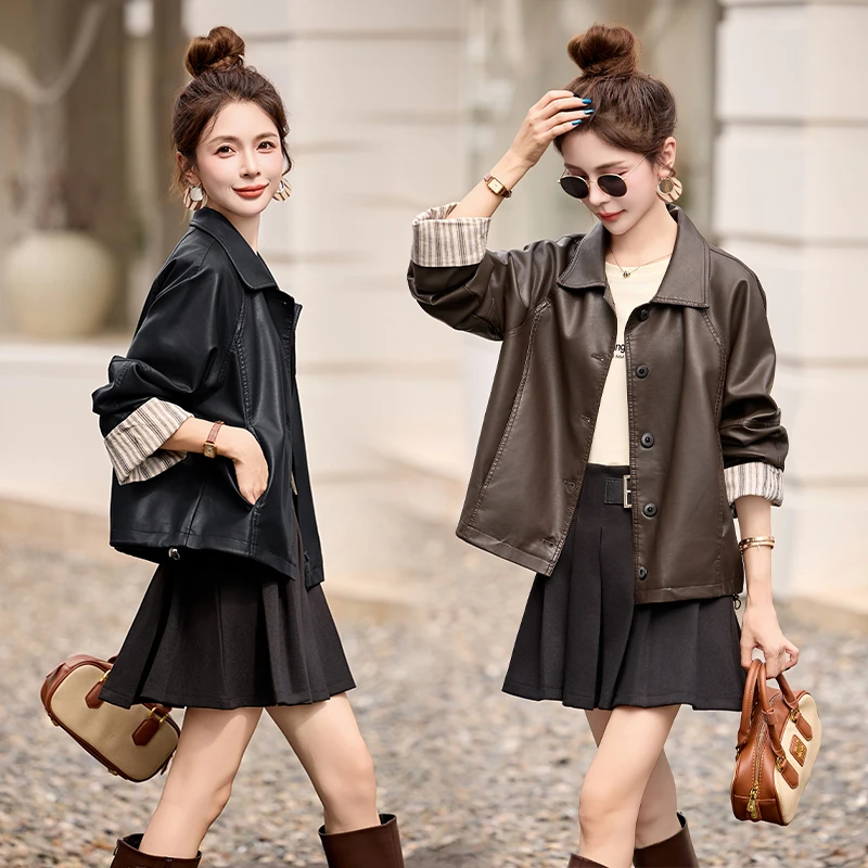 长袖短款口袋翻领2025秋季新款皮衣休闲百搭宽松时尚港风洋气显瘦