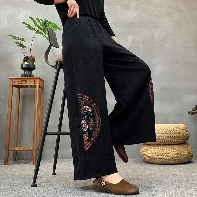 春秋新款复古民族风绣花阔腿裤唐装休闲中国风大码宽松紧腰裤子女