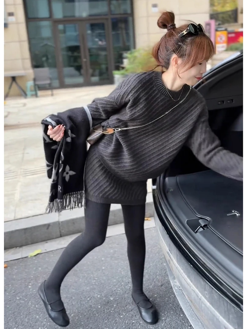 优雅风纯欲风休闲风时尚毛针织衫百搭外穿加绒显瘦宽松打底衫女装