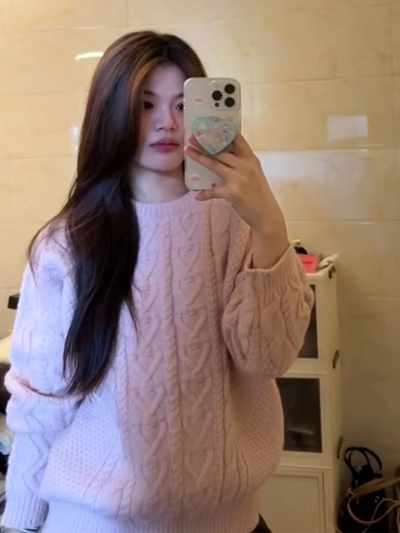 韩系温柔风粉色麻花针织衫毛衣女秋冬2025新款小个子圆领套头上衣