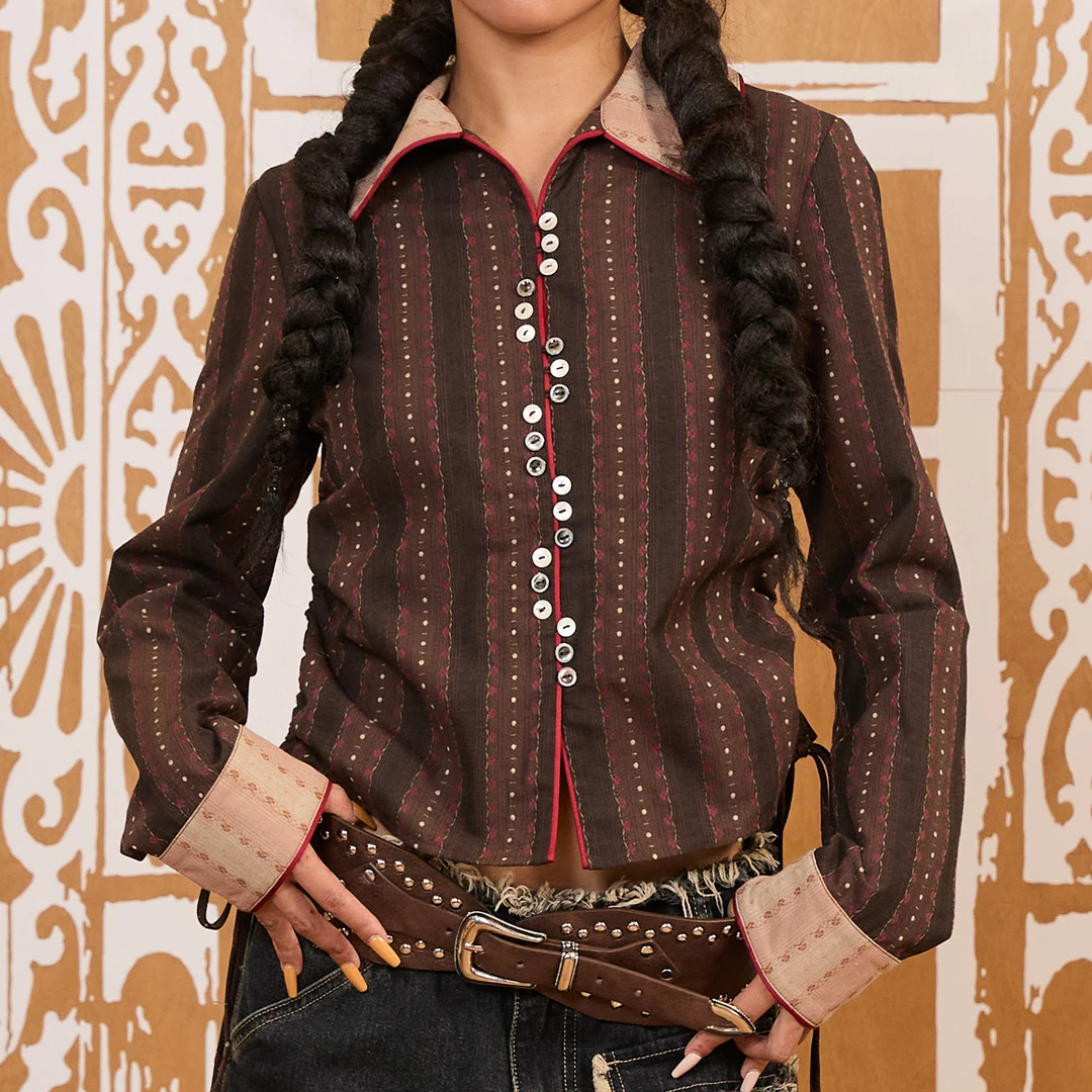 复古抽绳衬衫侧面抽绳设计蕾丝拼接衬衫