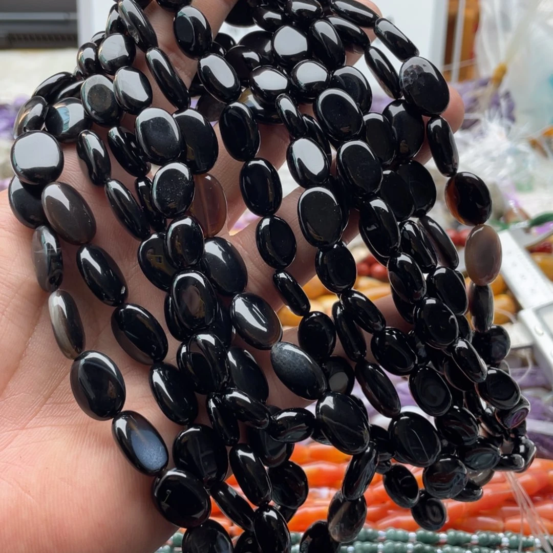 玛瑙/玉髓合金珠宝半成品一条装黑玛瑙椭圆片10*14mm左右