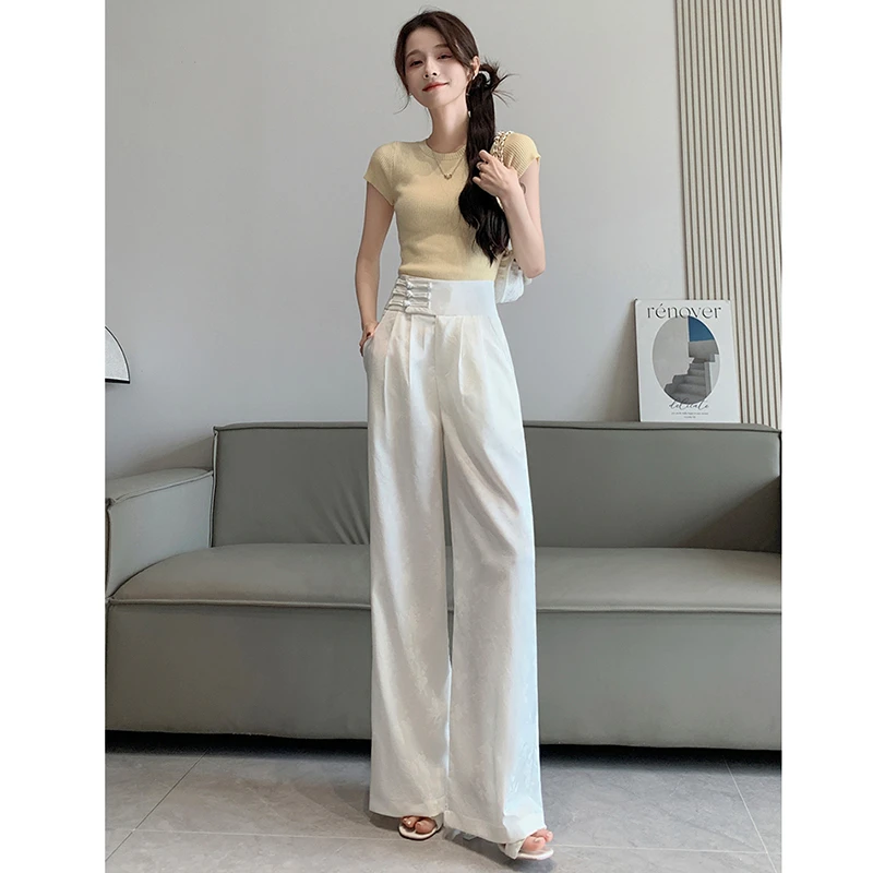 新中式国风盘扣冰丝缎面大裤脚阔腿裤女春夏高腰百搭休闲拖地裤子