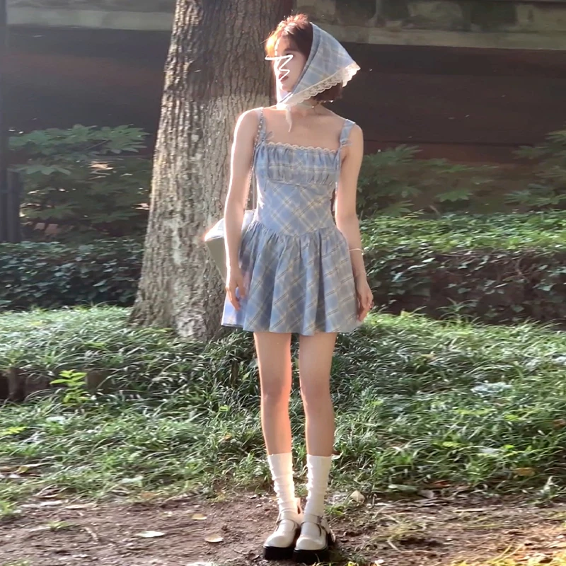 特价法式格子吊带连衣裙女夏小众设计感收腰显瘦气质公主短裙3436
