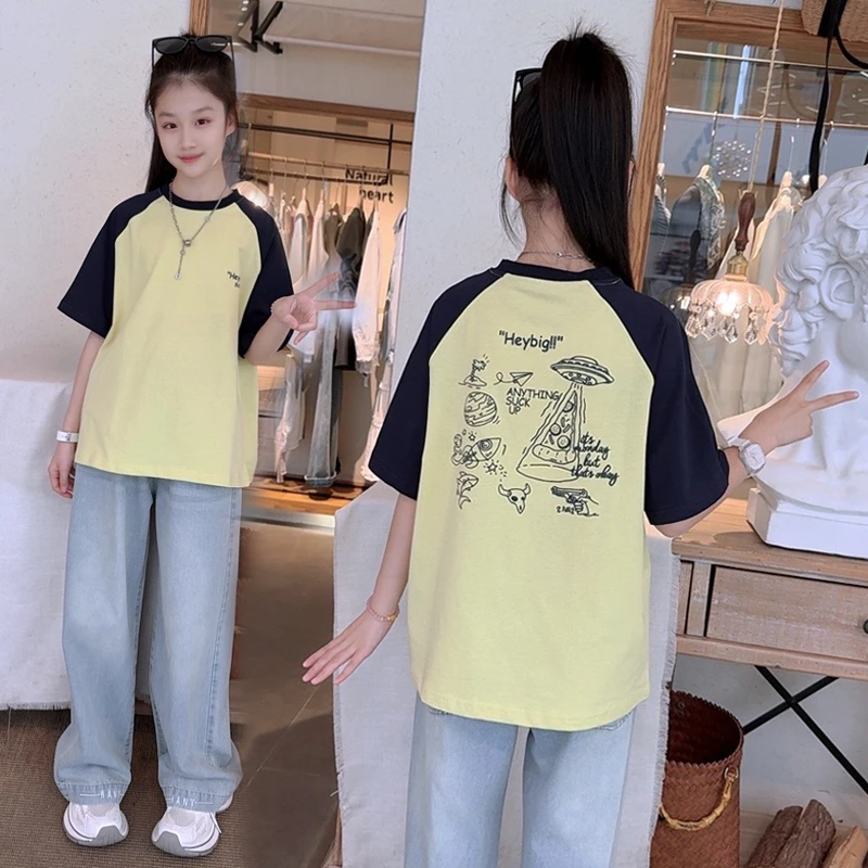 女童套装夏季薄款2025新款宽松休闲大儿童衣服女孩短袖T恤牛仔裤