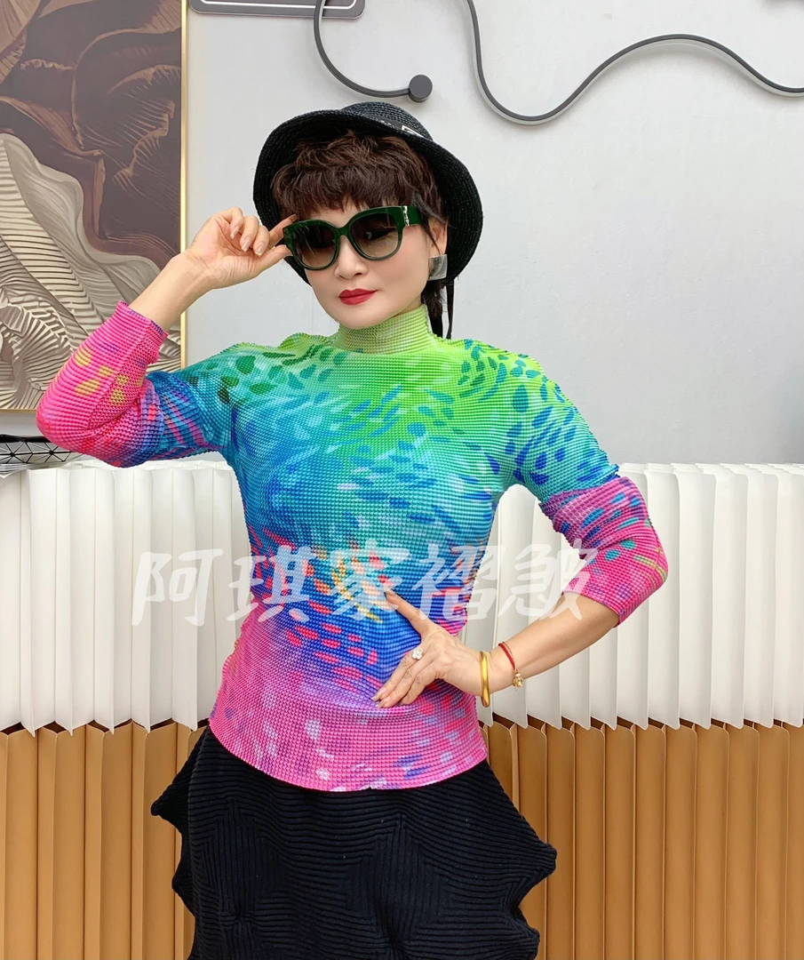 高领时尚印花玉米粒长袖打底衫ins潮流简约修身显瘦褶皱打底