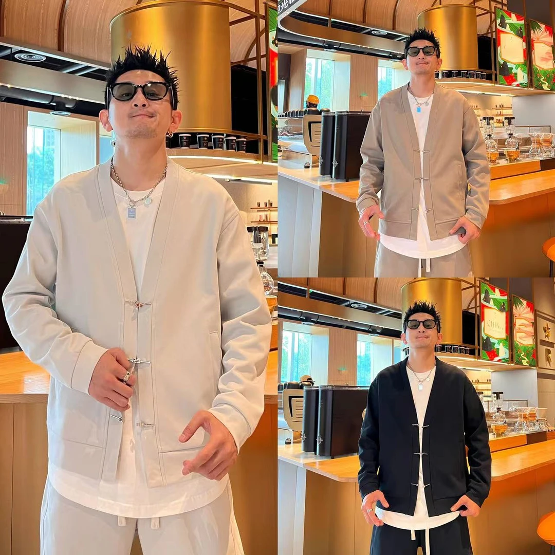 新国风纯色简约设计感小众时尚气质男女同款早秋百搭开衫长裤套装