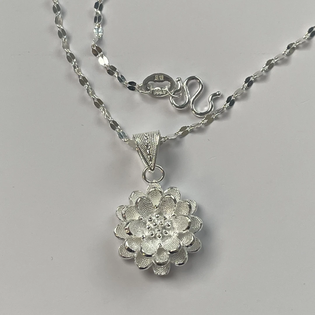 坠链均足银 佬银匠  纯手工足银蝴蝶链搭荷花吊坠套链坠链经典