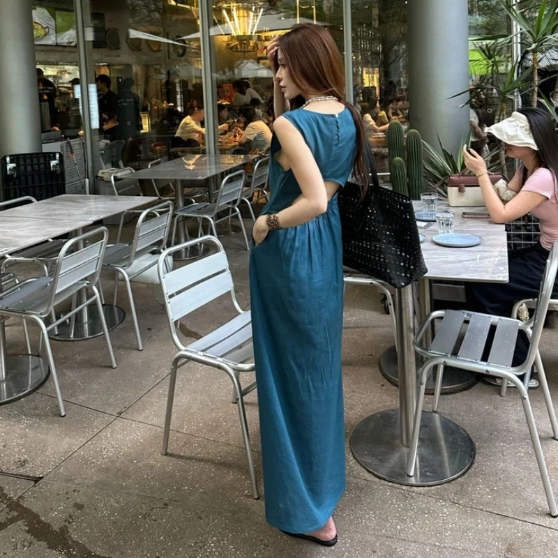 法式时尚优雅无袖连衣裙女2025夏季新款超好看露背漂亮开叉长裙子