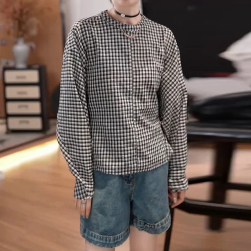 韩系慵懒风拼接格子衬衫女早秋新款通勤减龄防晒显瘦遮肉圆领上衣