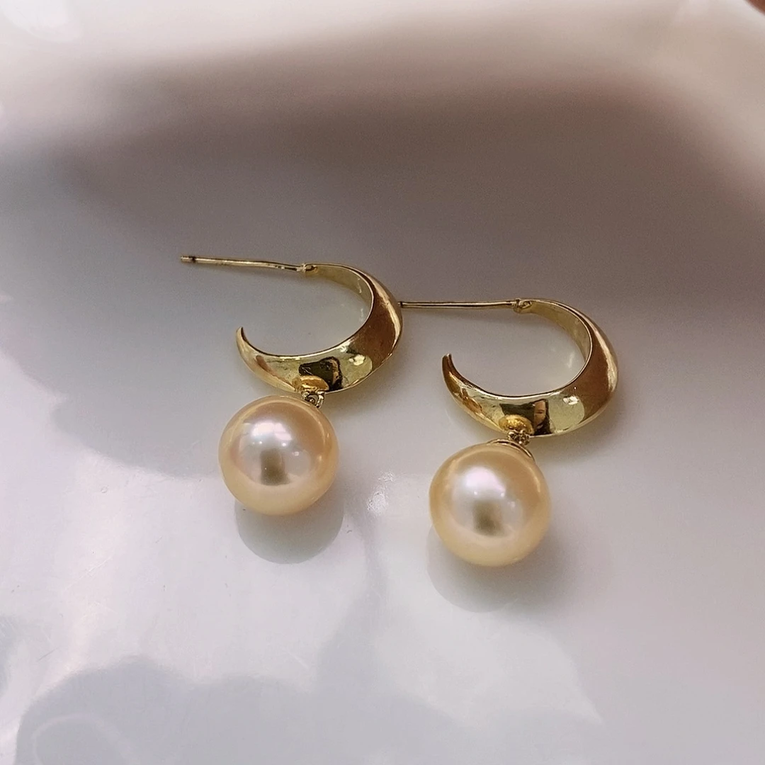 银S925镶嵌开播福利8A极光中国红香槟金耳饰淡水珍珠