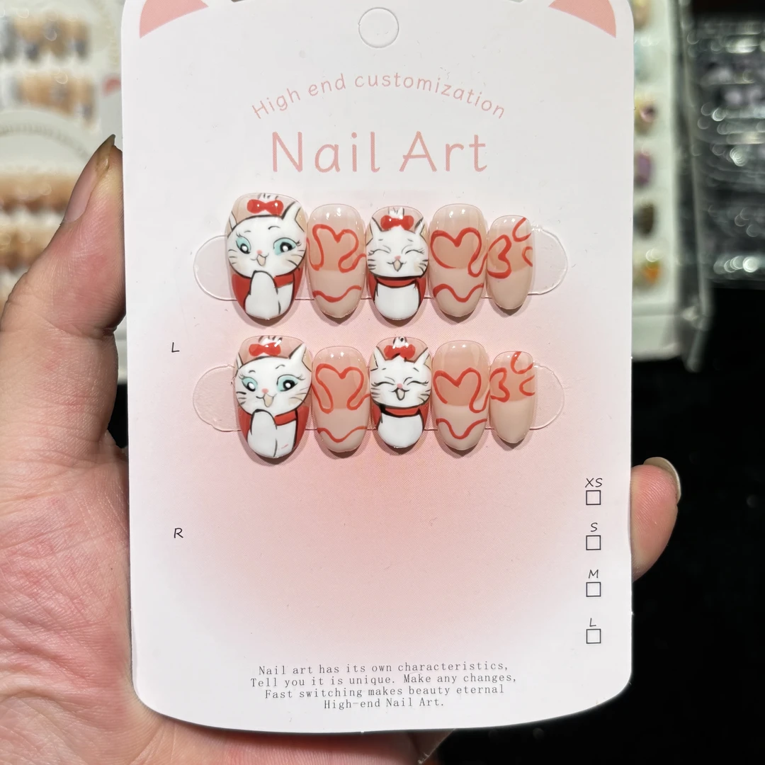 可爱风玛丽猫穿戴甲卡通学生党法式女生纯手工短椭圆甲型夏季新款