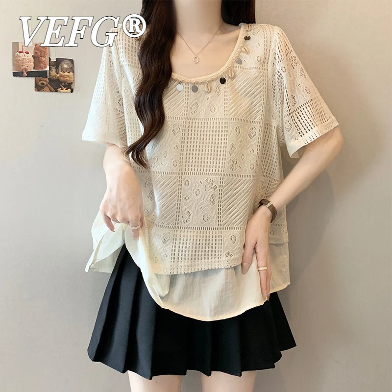 VEFG大尺码女法式遮肚子小香风镂空衬衫女夏季胖MM宽松显瘦假两件
