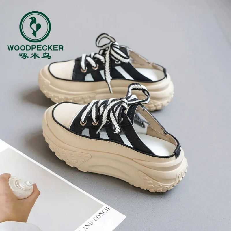 啄木鸟厚底小白鞋女2025爆款春季休闲增高老爹松糕透气网面高能感