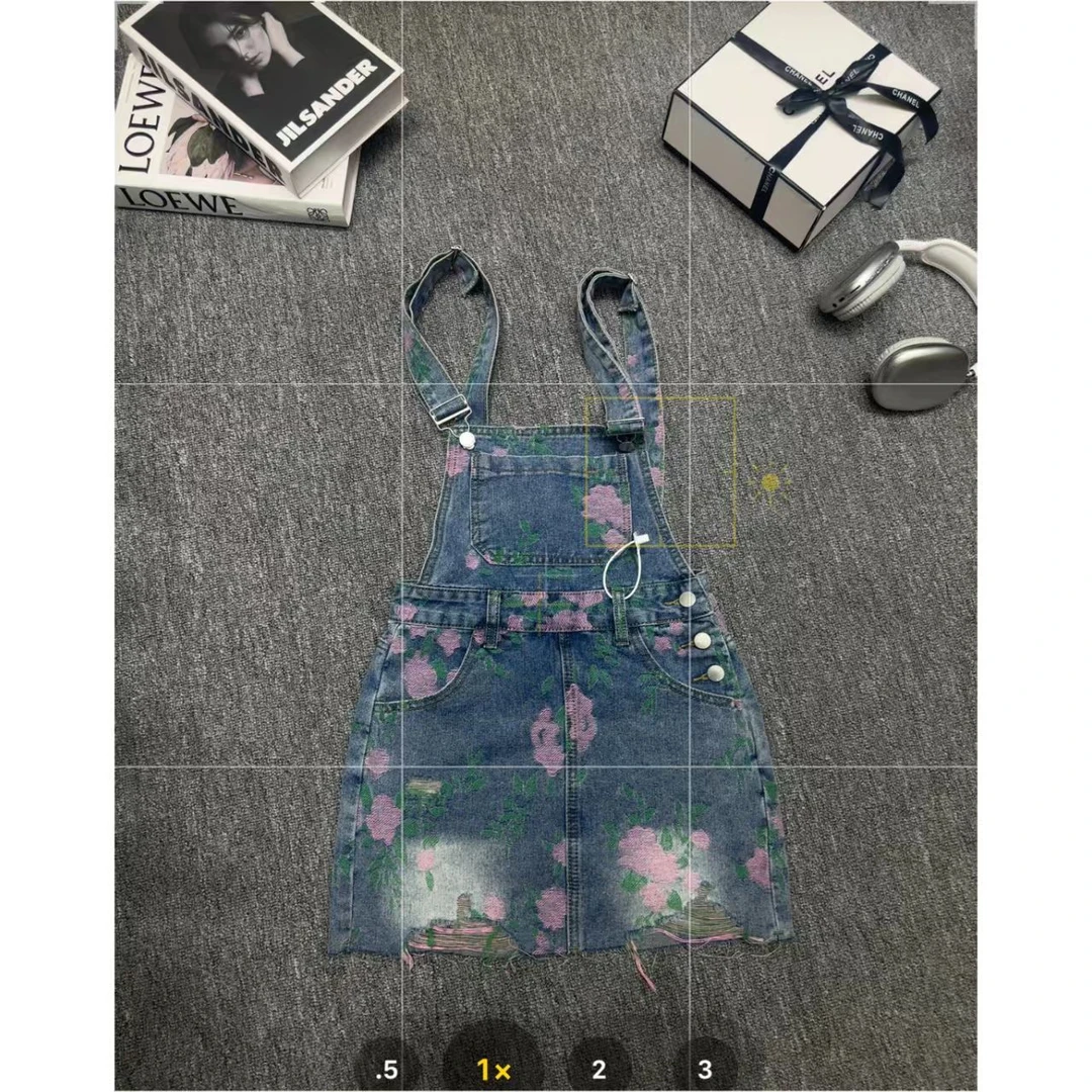 曼曼【风吟夏花】美式复古印花破洞牛仔背带裙女