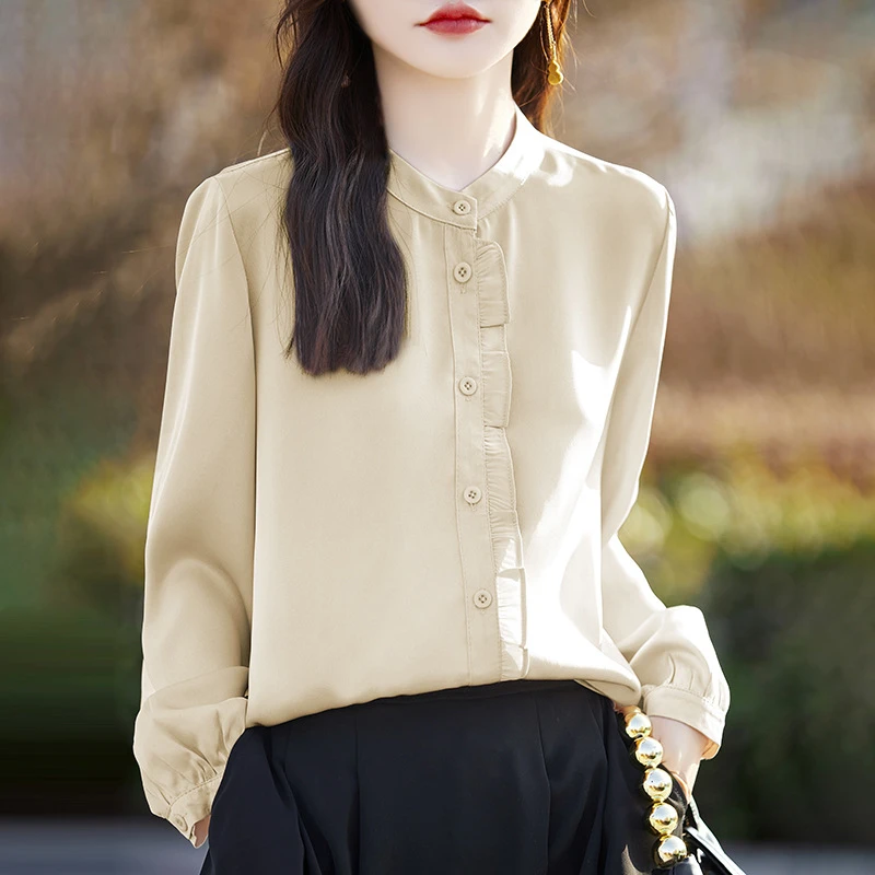 高级感法式木耳边小众圆领衬衫女2025宽松气质洋气缎面衬衣仿真丝